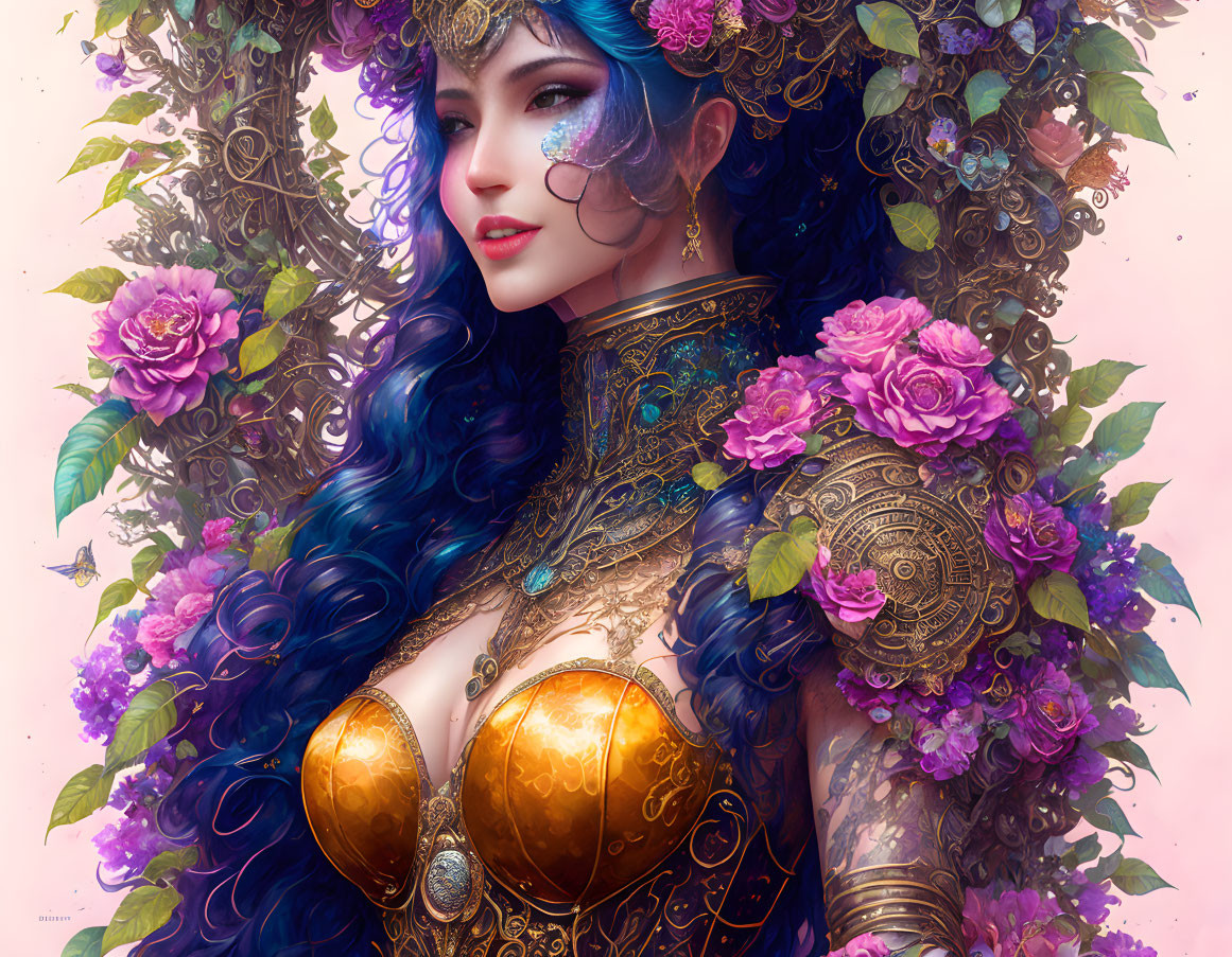 Illustration of woman with vibrant blue hair, adorned in golden armor with floral designs