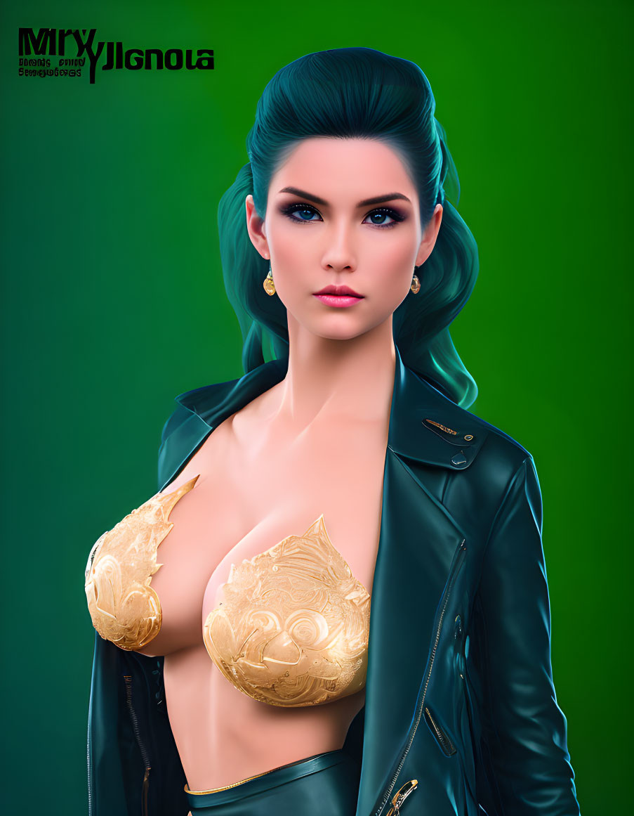 Digital artwork: Woman with blue hair, golden breastplate, black jacket on green background