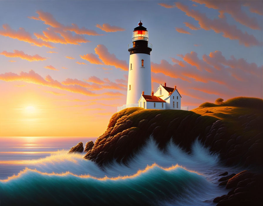 Scenic lighthouse on rugged cliffs at sunset