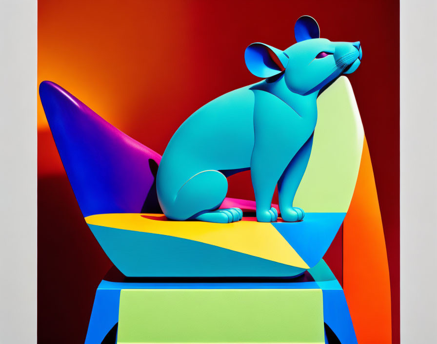 Vibrant digital art: Blue mouse on colorful chair against gradient backdrop