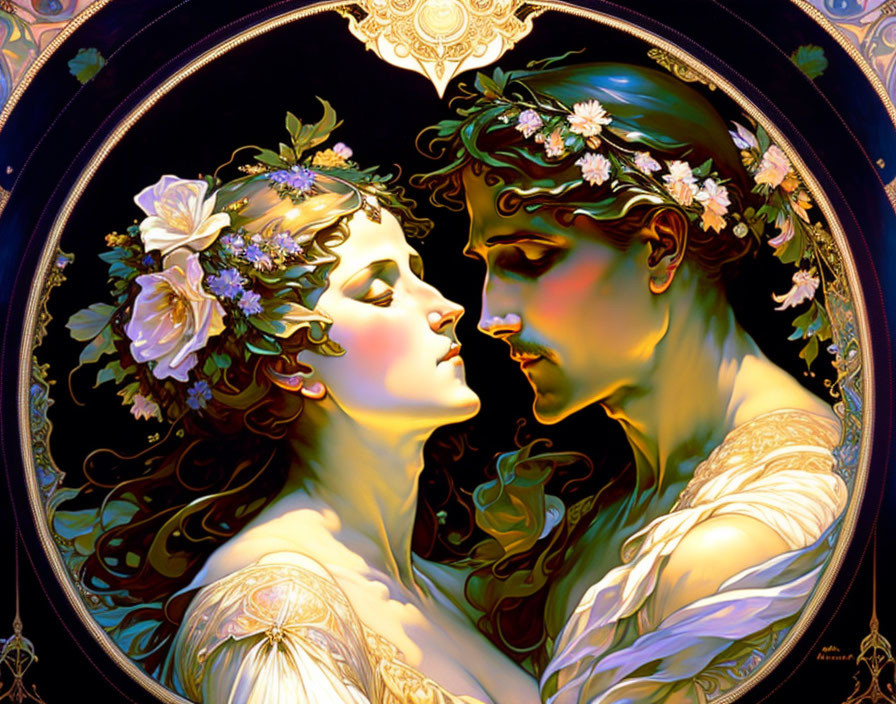 Romantic man and woman with floral crowns in Art Nouveau setting