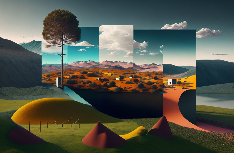 Surrealist landscape with geometric shapes: tree, mountains, desert, houses, waters