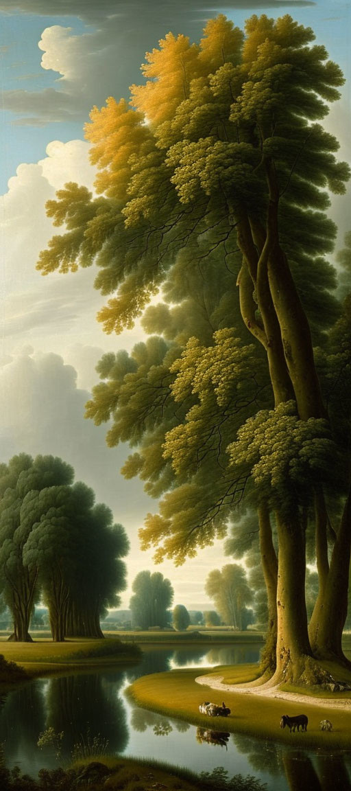 18th-Century Landscape Painting with Trees, River, Cows, and Herder