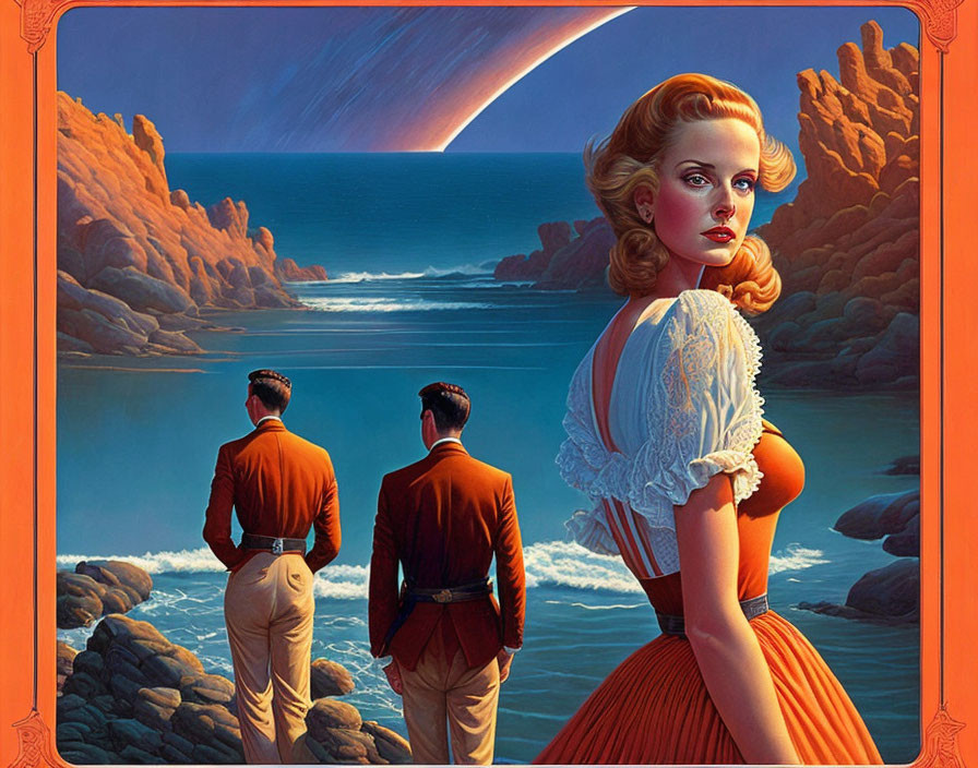 Retro-futuristic illustration: Woman in white dress, two men in orange suits, observing comet