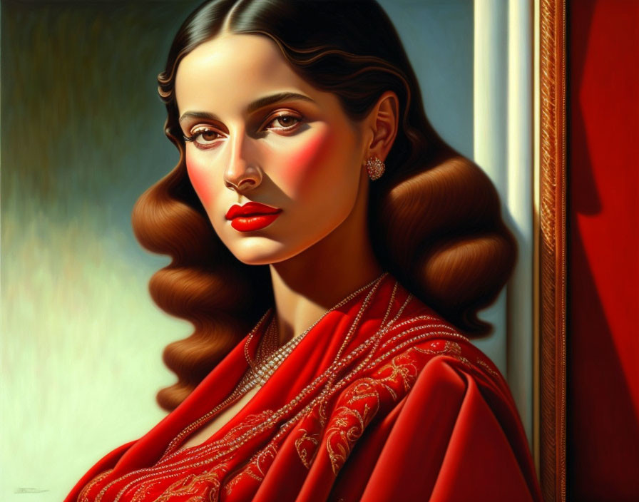 Hyperrealistic Painting of Woman with Dark Wavy Hair and Red Outfit