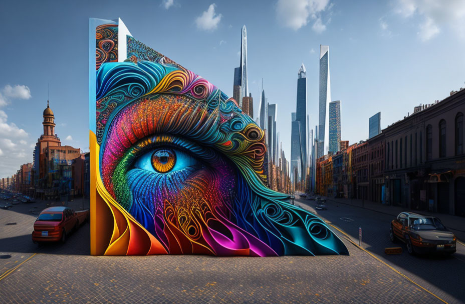 Colorful street art mural featuring stylized eye in urban cityscape