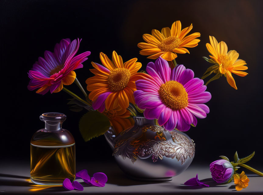 Vibrant daisies in ornate vase with ink bottle on dark background