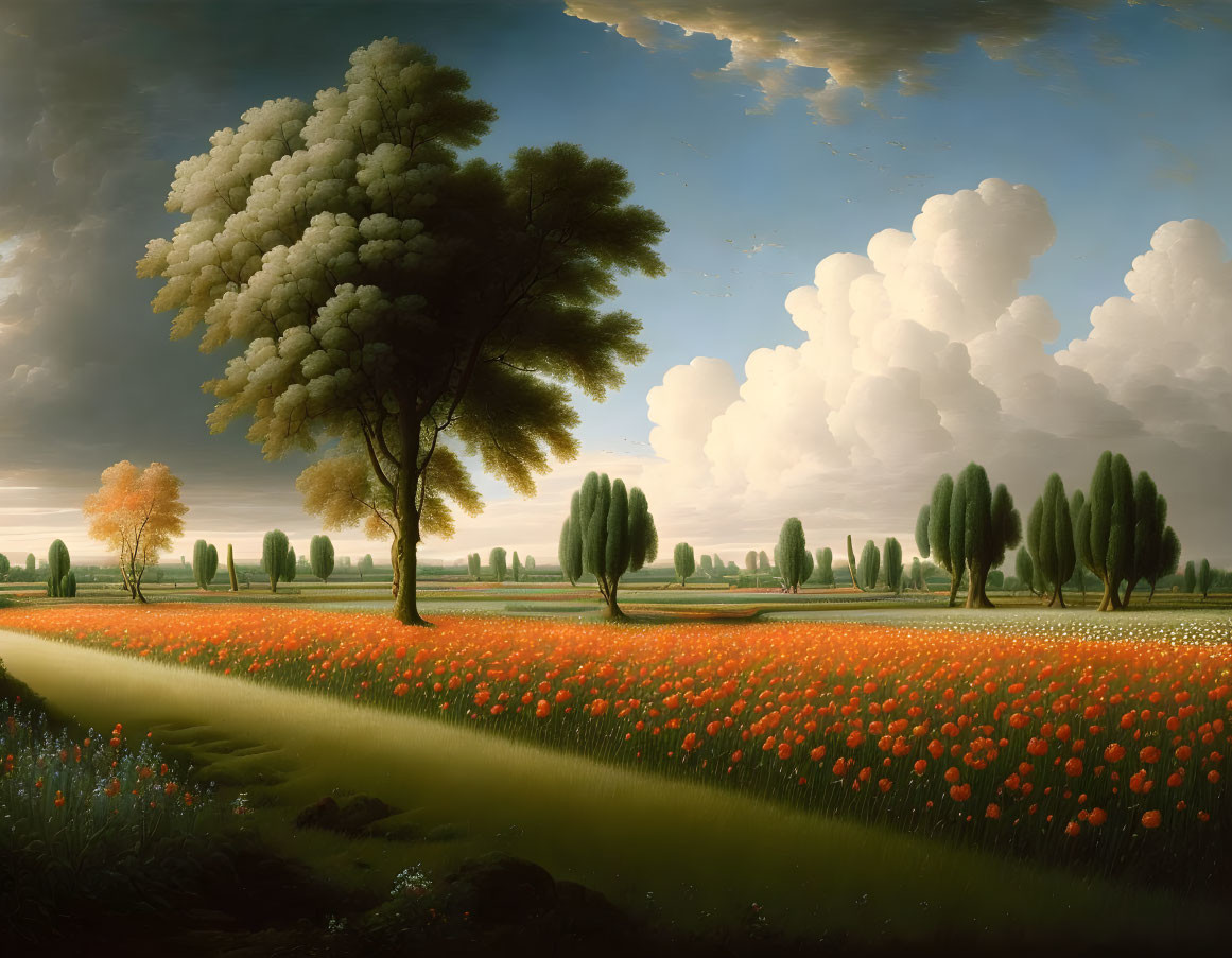 Tranquil landscape with tall trees, orange poppy field, and winding path