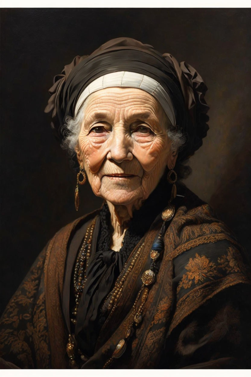 Elderly woman in headscarf, earrings, and patterned dress gazes ahead