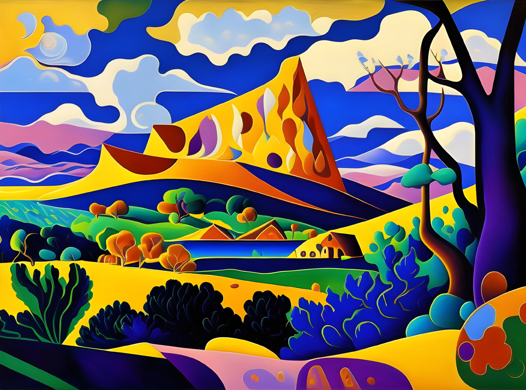 Colorful Abstract Landscape Painting with Hills, Trees, River, and Mountains