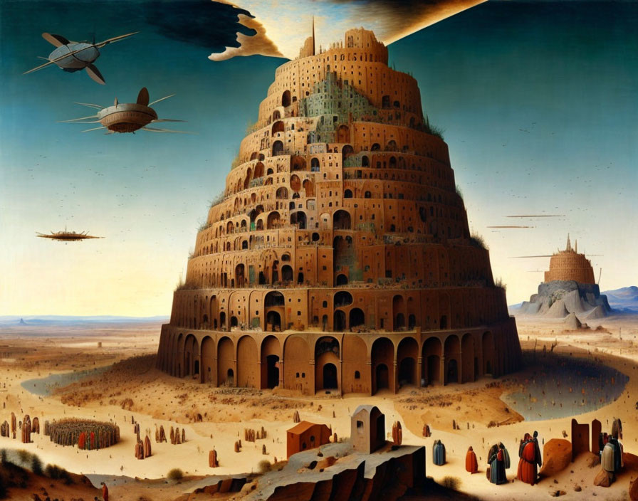 Surreal painting of colossal tower-filled landscape with tiny human figures and futuristic airships under expansive sky