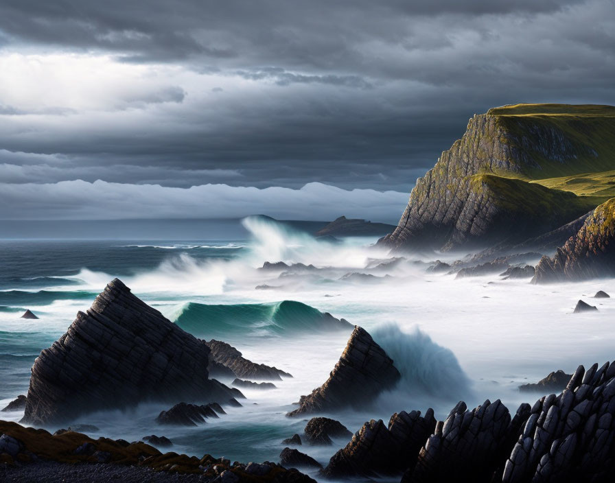 Dramatic Coastal Landscape with Rugged Cliffs and Rough Sea Waves