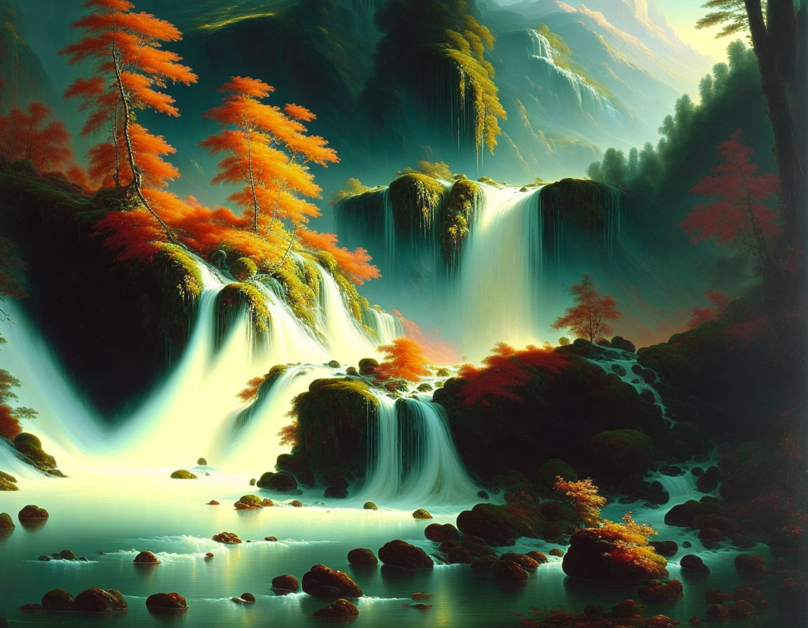 Tranquil waterfall scene with autumn trees and sunlight