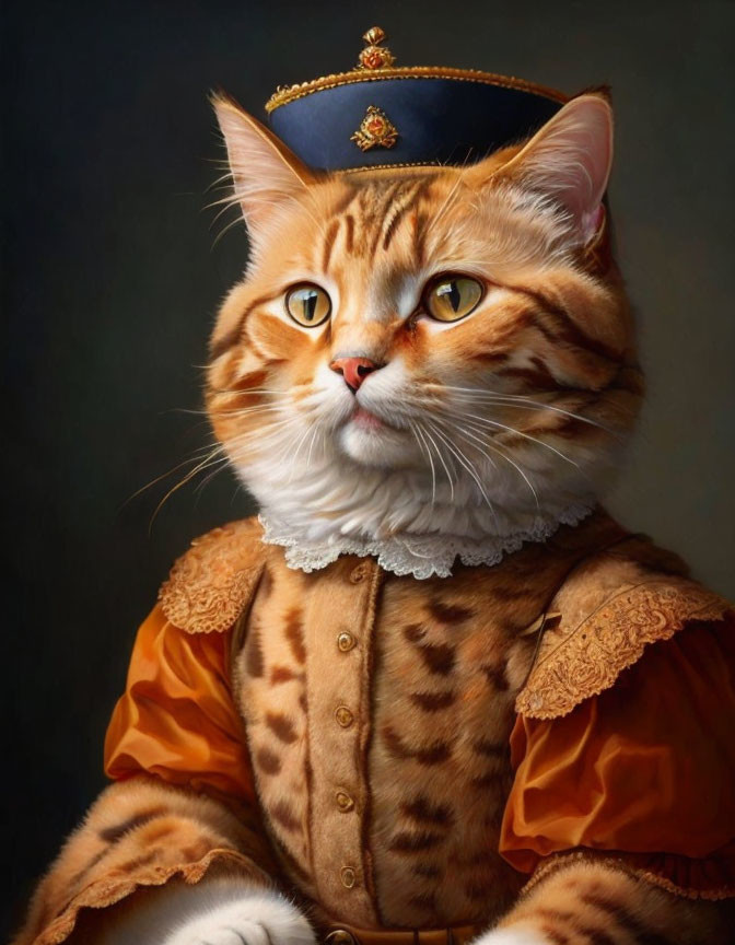 Cat portrait in ornate orange jacket, white ruff collar, and golden emblem hat