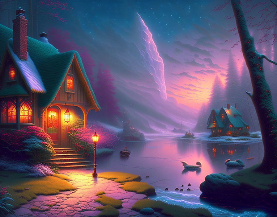 Digital artwork of lakeside village under starry sky with lightning and lush foliage