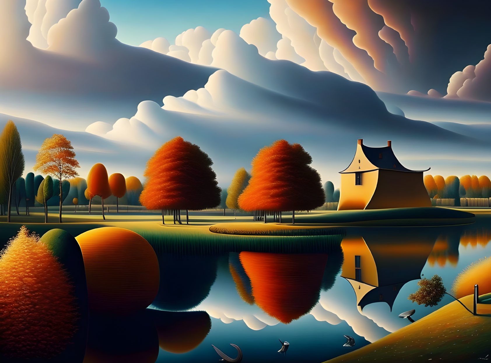 Tranquil landscape with stylized trees, cottage, and still lake