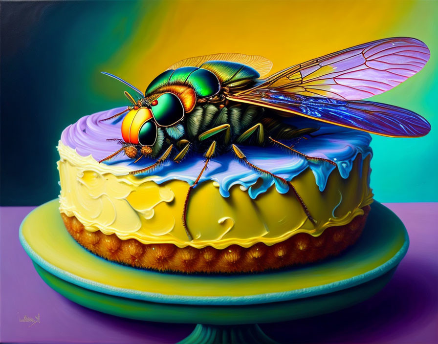 Hyper-realistic painting of colorful fly on yellow and purple cake stand