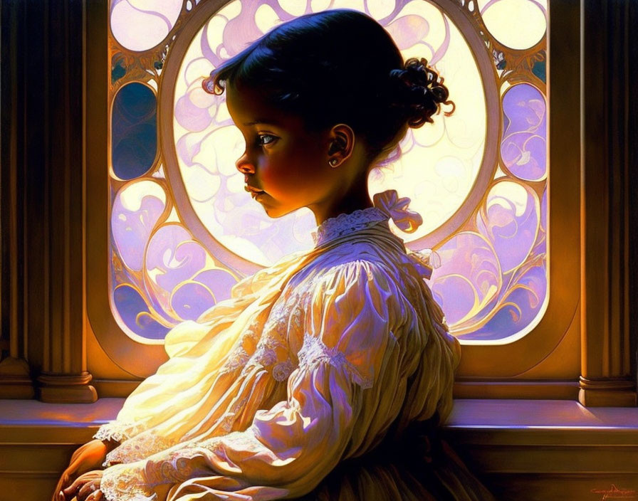 Young girl in white dress by stained-glass window in warm light