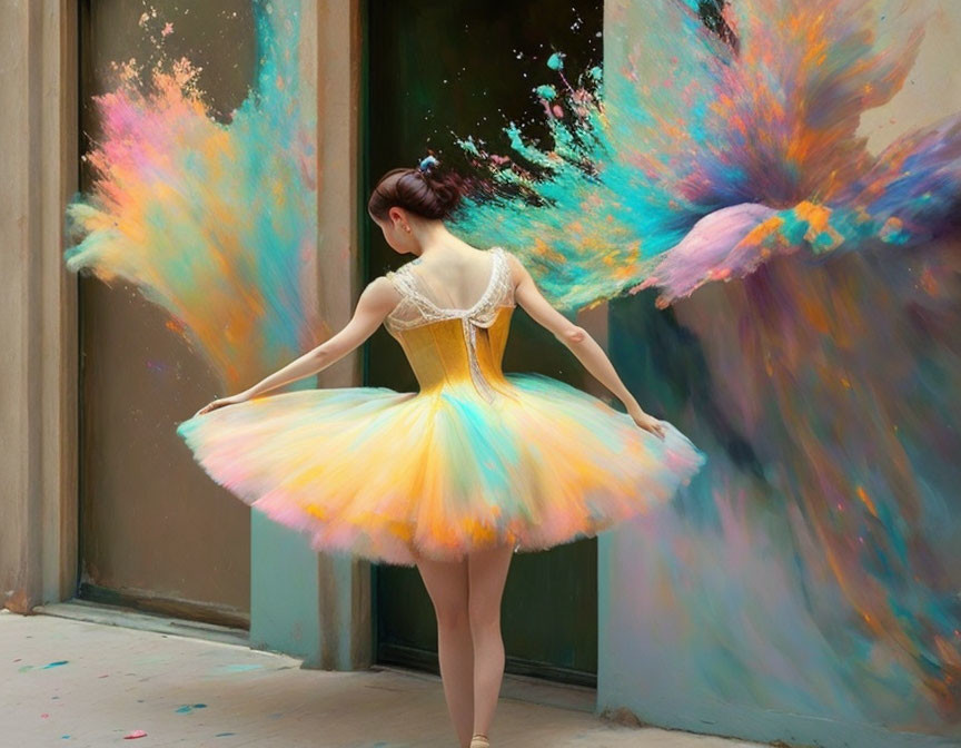 Vibrant Ballerina Twirling in Yellow Tutu Amid Powdered Colors