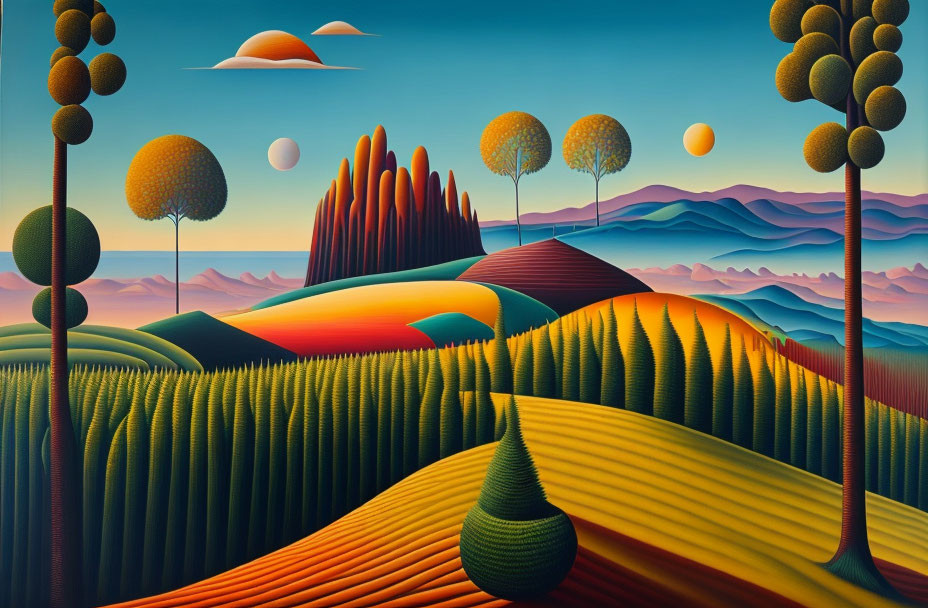 Vibrant surreal landscape with stylized trees and rolling hills