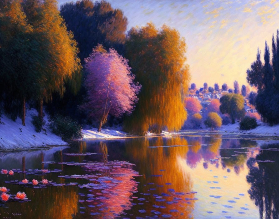 Serene river painting at dusk with colorful trees and water lilies