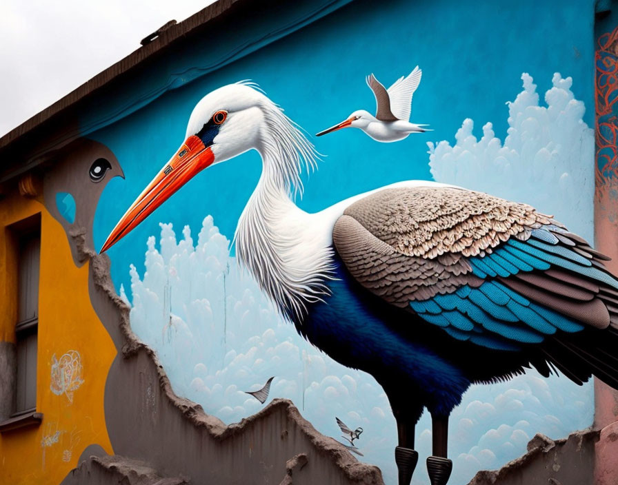 Large Pelican Mural with Egret in Blue Sky Background