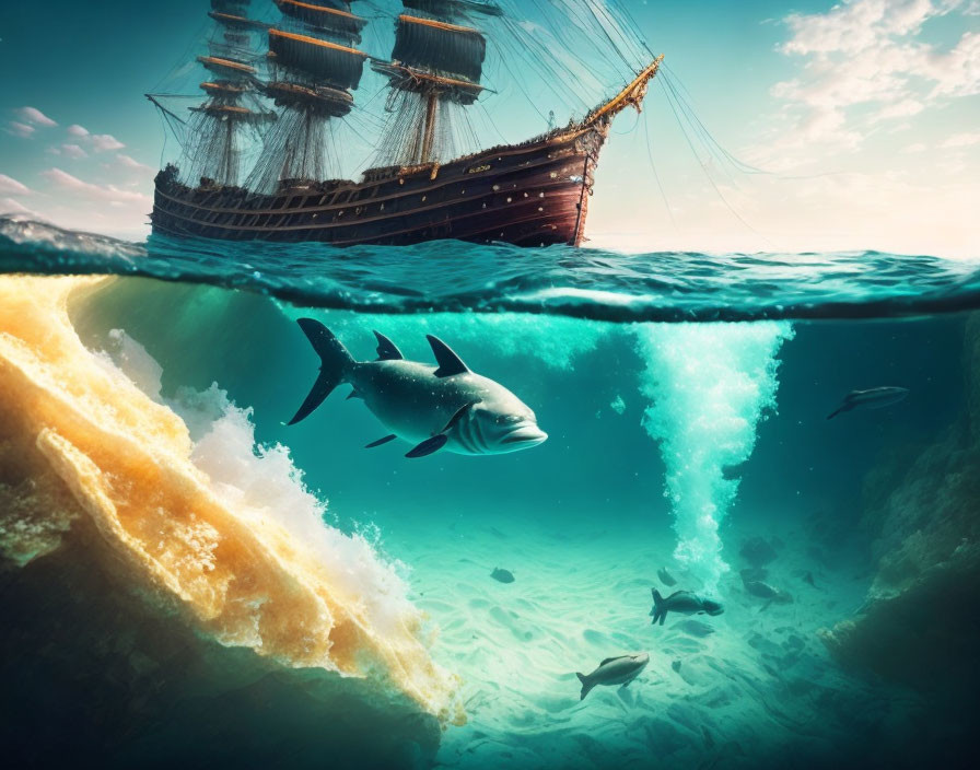 Tall Ship and Sharks in Split-View Ocean Scene