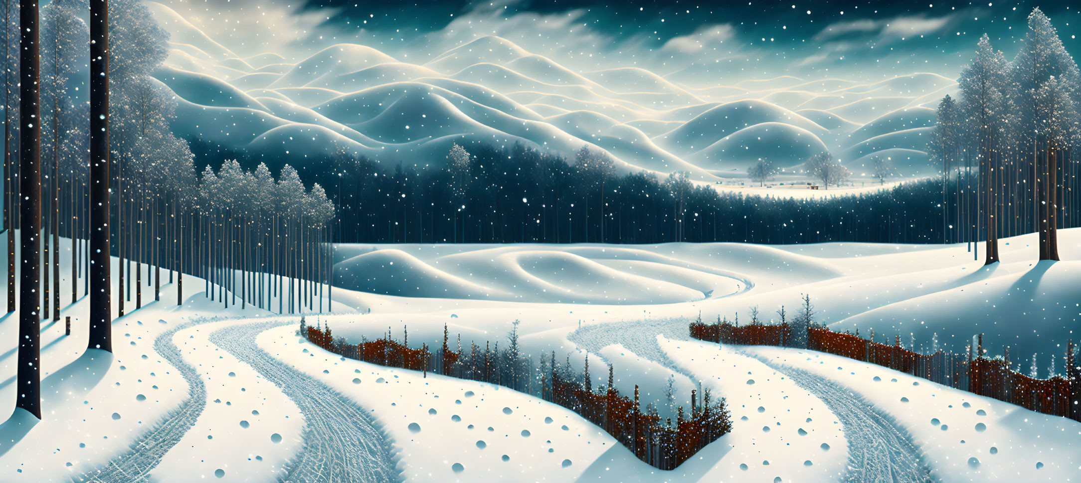 Snowy hills, evergreen forest, winding path: serene winter landscape