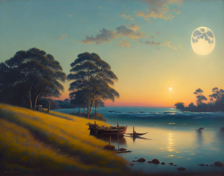 Tranquil landscape: Full moon, calm sea, silhouetted trees, wooden boat,