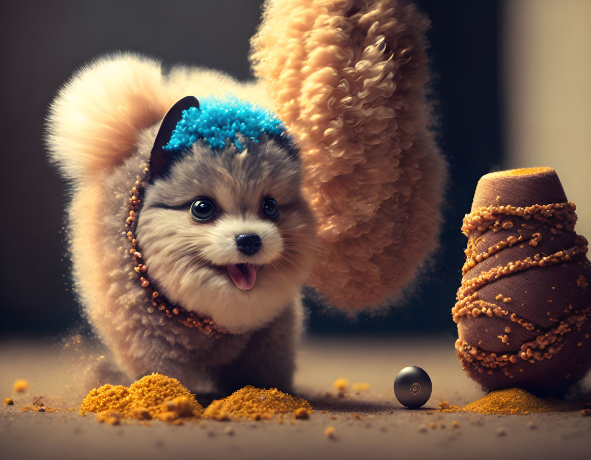 Adorable Pomeranian Puppy with Blue Headband and Toppling Vase