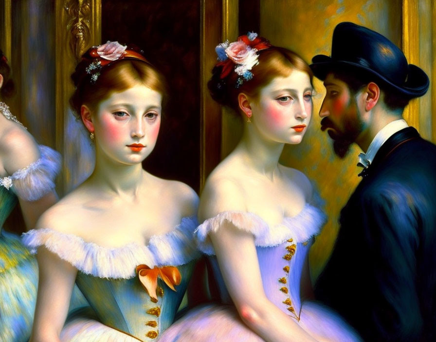 Victorian era painting: young woman in blue dress with bearded man in top hat