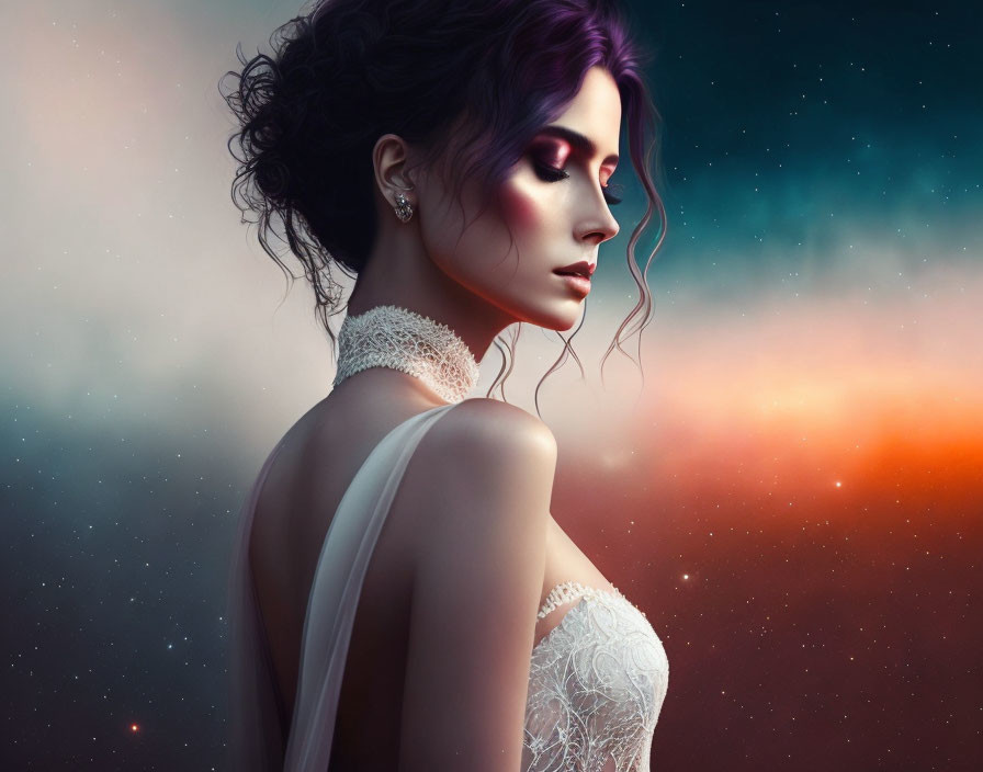 Digital artwork: Woman in elegant dress under twilight sky