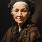 Elderly woman in headscarf, earrings, and patterned dress gazes ahead