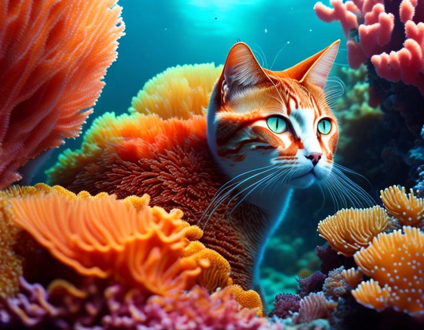 Orange Tabby Cat Head Blended with Underwater Coral Reef Scene