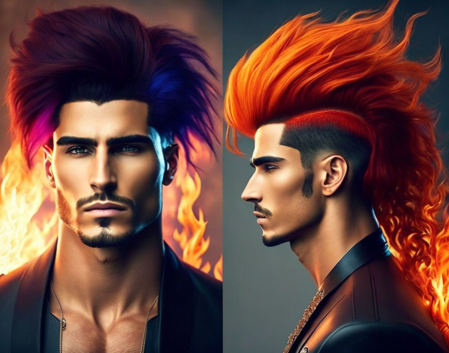 Stylized portraits of man with fiery hair and beard against flame backdrop