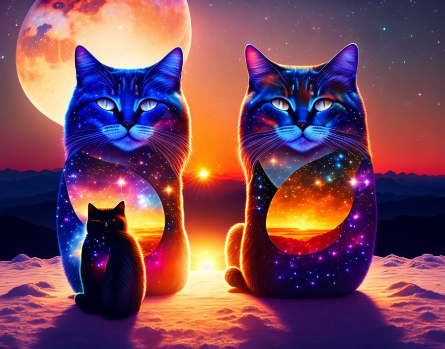 Colorful Cosmic-Patterned Cats with Moon and Sunset