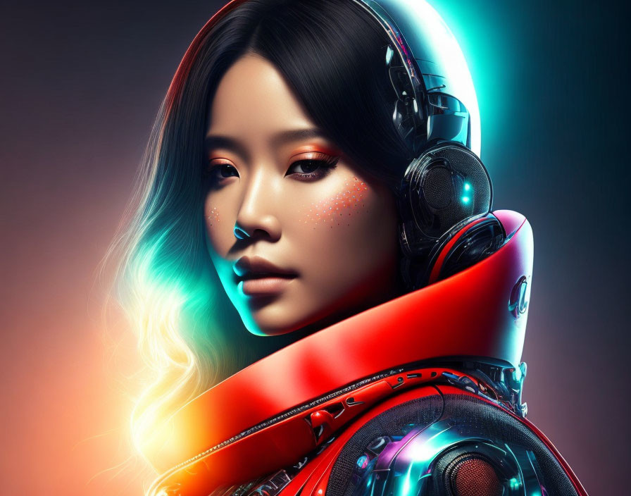 Futuristic woman with robotic neck and headphones on gradient background