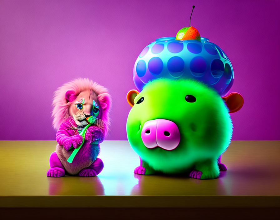 Pink-Maned Lion with Glasses Holding Pencil and Green Piggy Bank on Fruit Bowl - 3