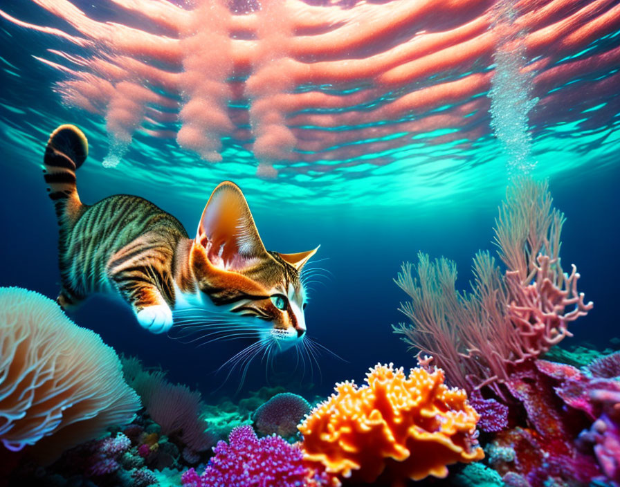 Tabby cat in whimsical underwater scene with jellyfish and coral