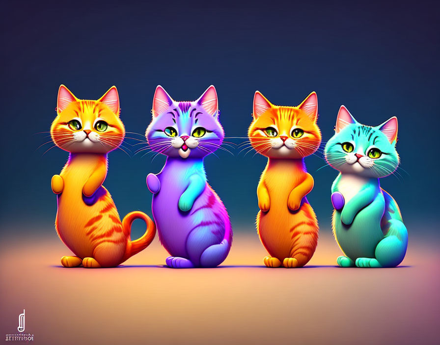 Four Colorful Cartoon Cats with Unique Fur Patterns and Colors