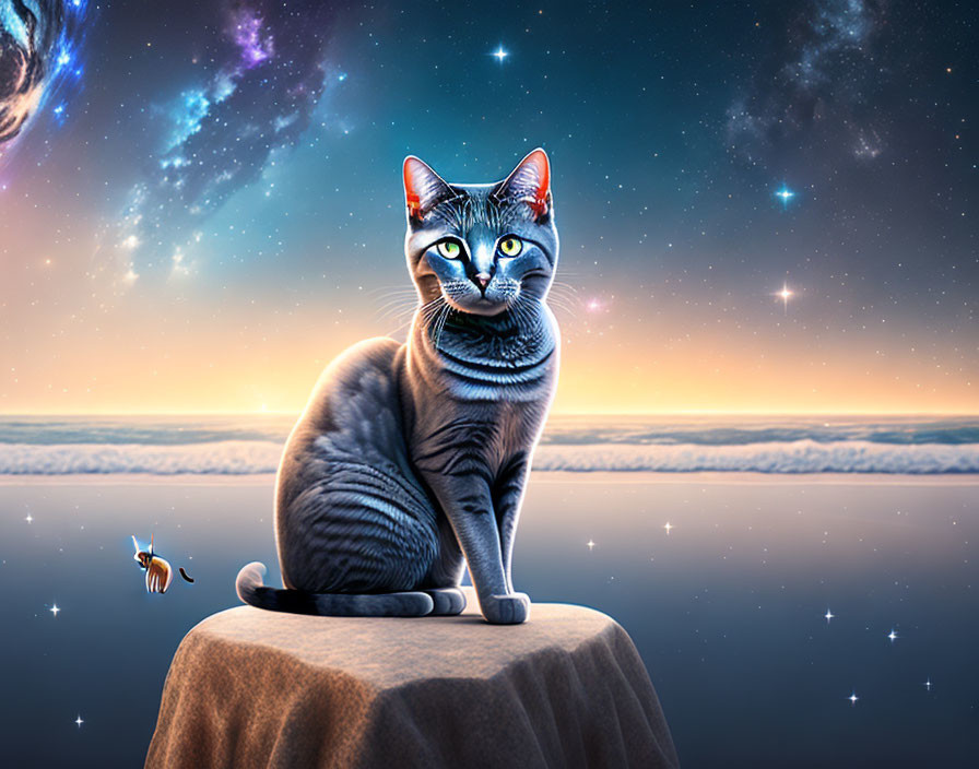 Majestic cat on rock under surreal sky with bird - dreamlike fantasy scene