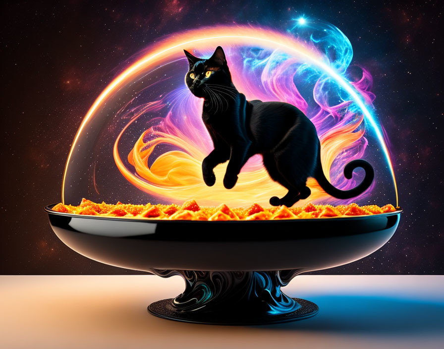 Black Cat on Taco Bowl in Cosmic Galaxy Scene