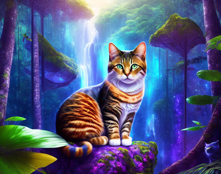 Illustration: Tabby cat with striking eyes in mystical forest.