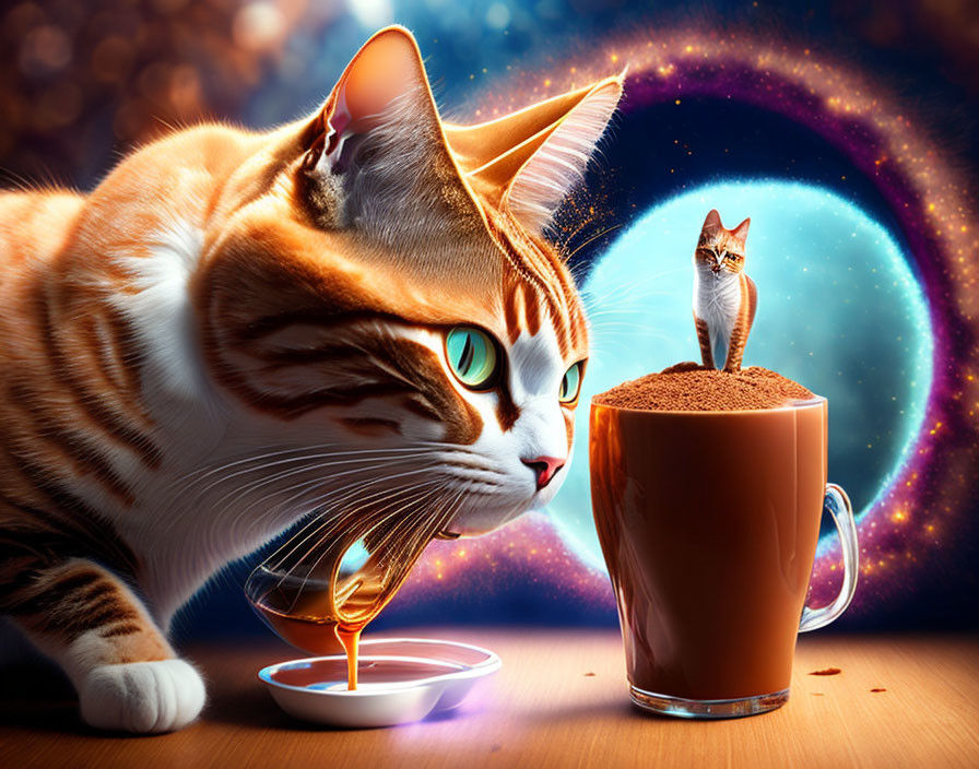 Oversized orange cat and tiny cup with cosmic backdrop