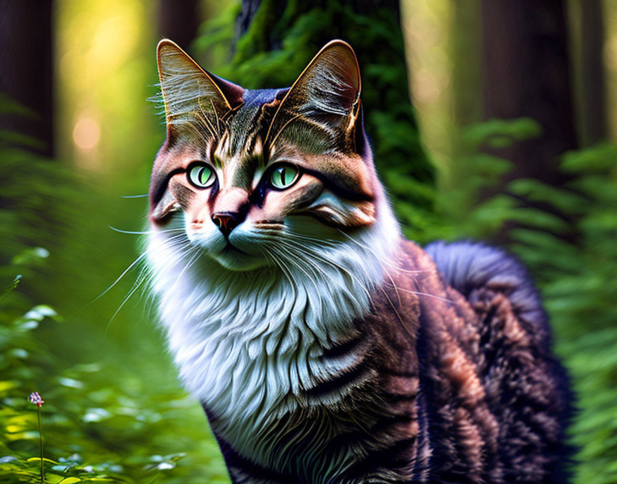 Digitally-manipulated image of a cat with oversized eyes in vibrant forest setting