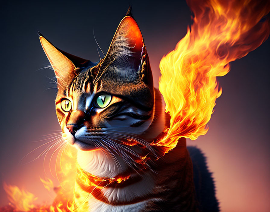 Tabby Cat with Green Eyes and Fiery Tail and Mane on Dark Background