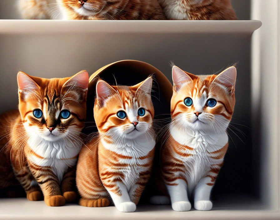 Three Striped Cats with Blue Eyes in Round Container