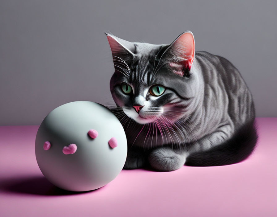 Gray Striped Cat with Green Eyes and Pink Dotted Sphere on Purple Surface