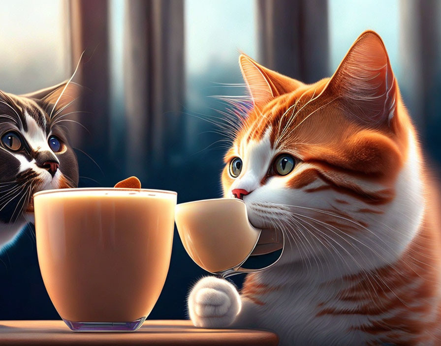 Two animated cats exploring a large cup of coffee on wooden surface