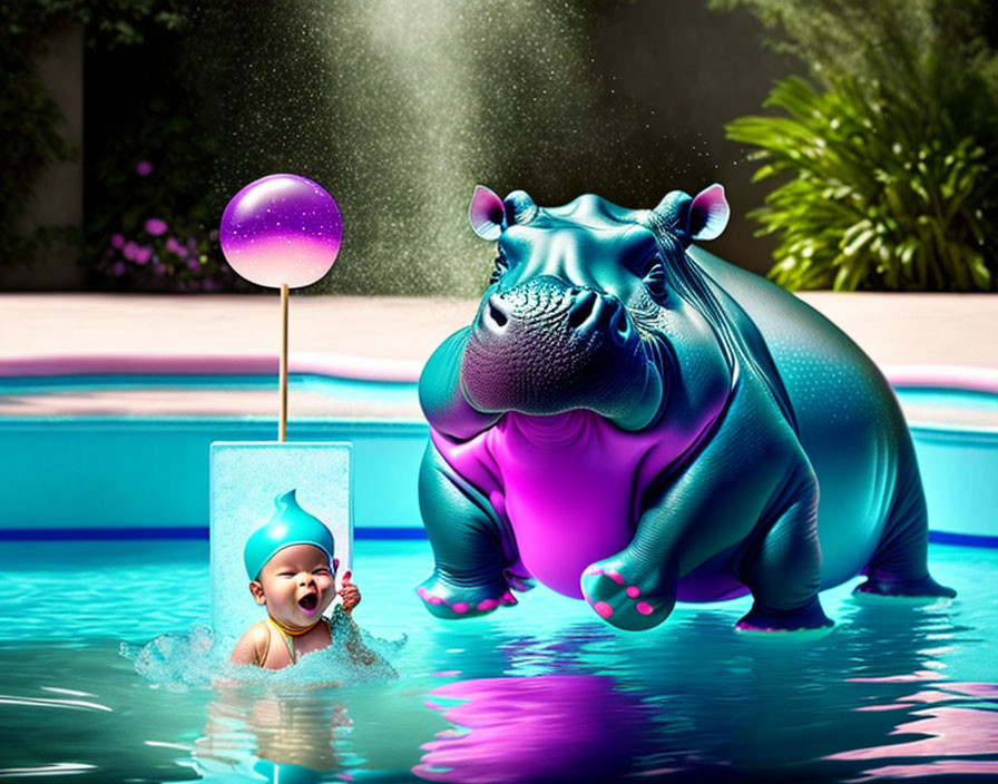 Vibrant pink hippopotamus and baby with lollipop in whimsical pool scene